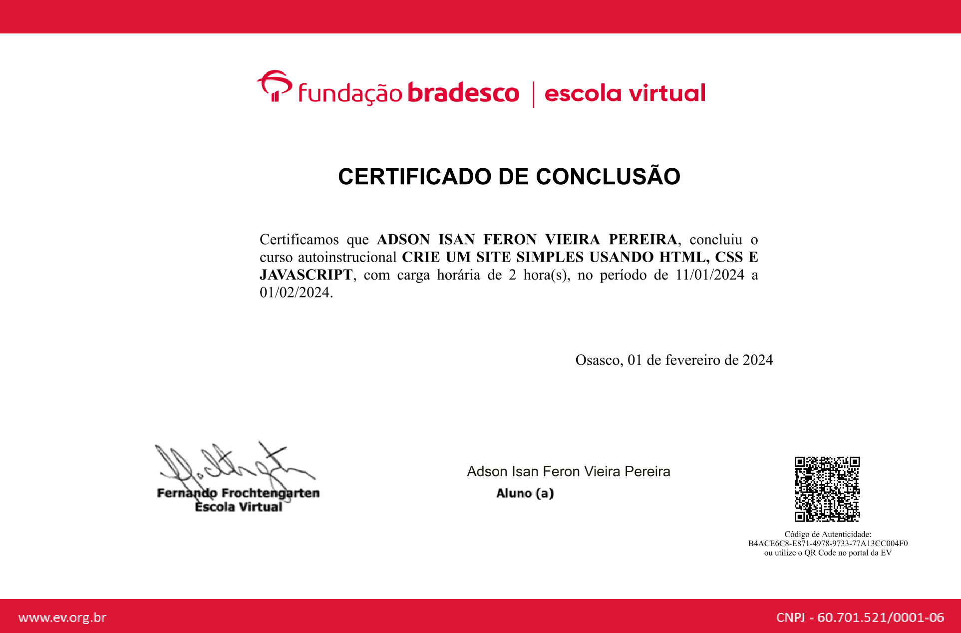Certificado da Fundação Bradesco — Crie um site simples usando HTML, CSS e JavaScript